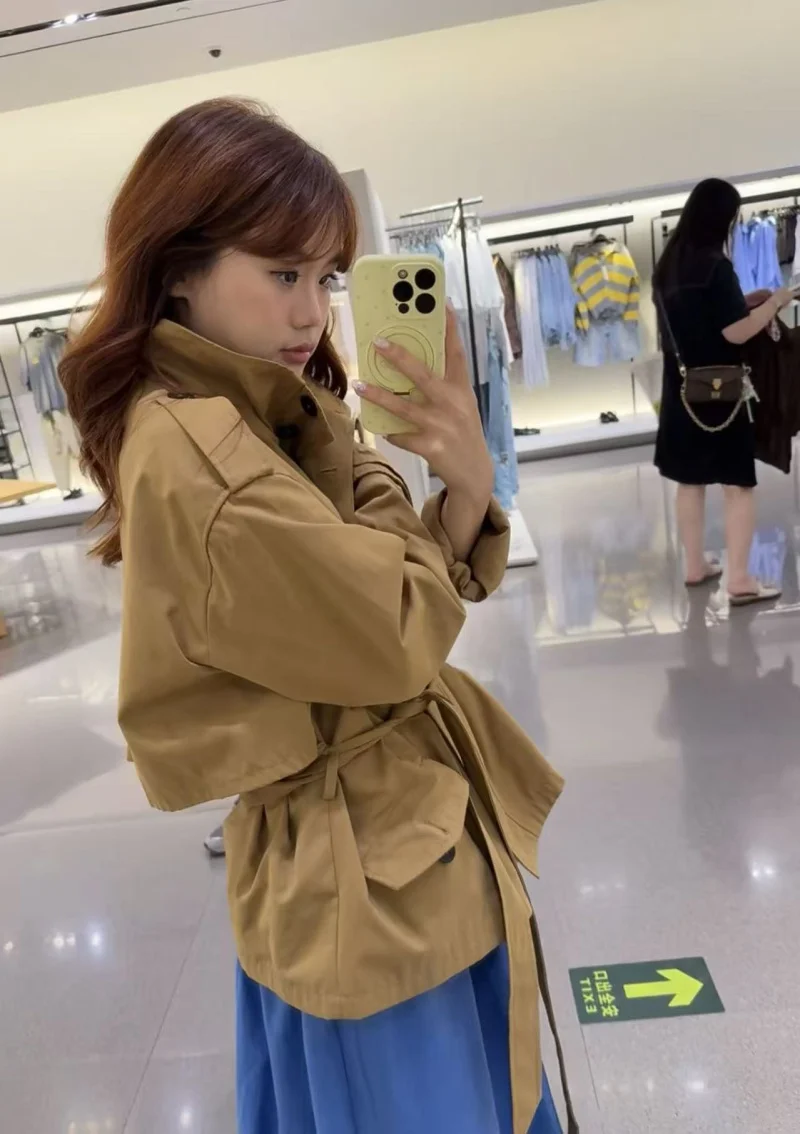 LIBIELIY Trench con cintura a collo alto con decorazione tascabile grande stile abbigliamento da lavoro alla moda di strada da donna autunno nuova