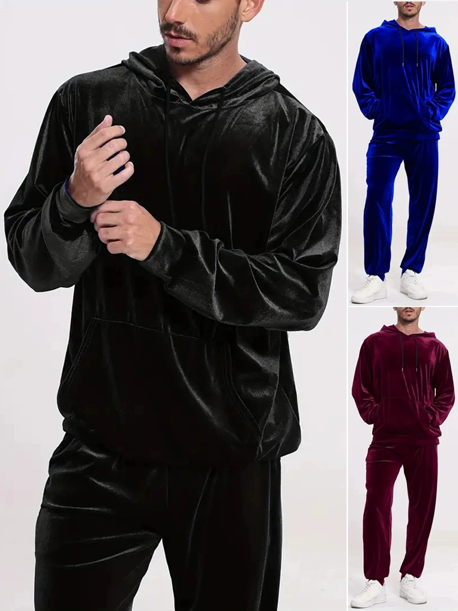 

Men's solid color velvet casual set, long-sleeved hooded sweatshirt and cuffed long pants, two-piece set
