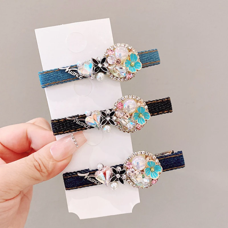 Retro Denim Cloth Hair Clips for Women Pearl Crystal Flower Elegant Temperament Hairpins Duckbill Clip Korean Hair Accessories