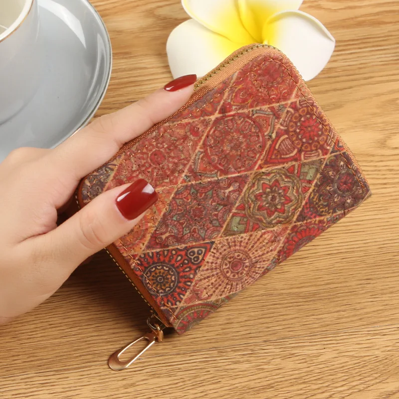 New Women Card Holder Short Walet vintage cork print leather Clutch Bag large capacity portable card bag Short double zip wallet