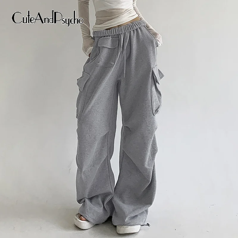 

Cuteandpsycho Casual Joggers Y2K Sweatpants Pockets Fashion Solid Grey Cargos Pants Streetwear Korean 90s Chic Korean Trousers