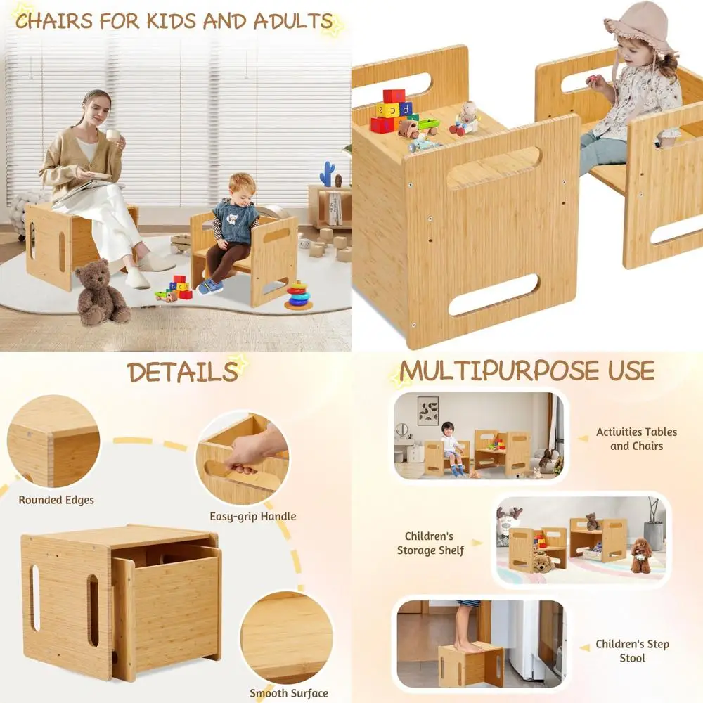 Grande tavolo e sedia Montessori in bambù per bambini: altezza regolabile per leggere, cene e giocare