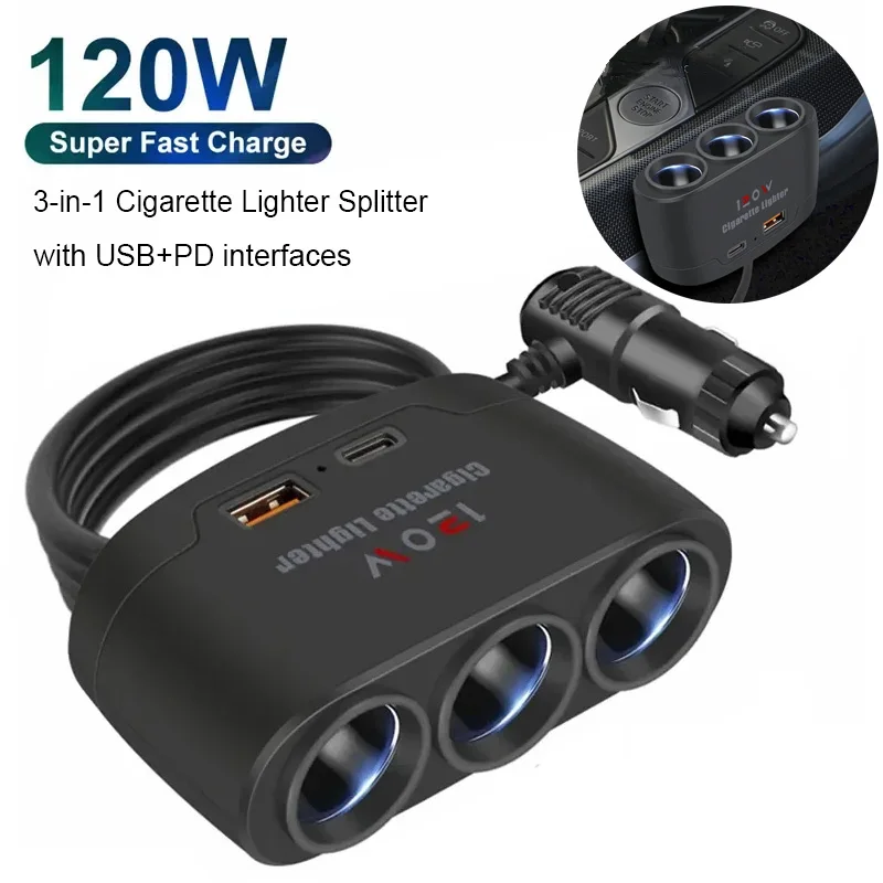 3-In-1 Dual Usb 120W Car Cigarette Lighter Splitter 12V 24V Fast Charger Plug Power Adapter for Car Dvr Gps Driving Recorder