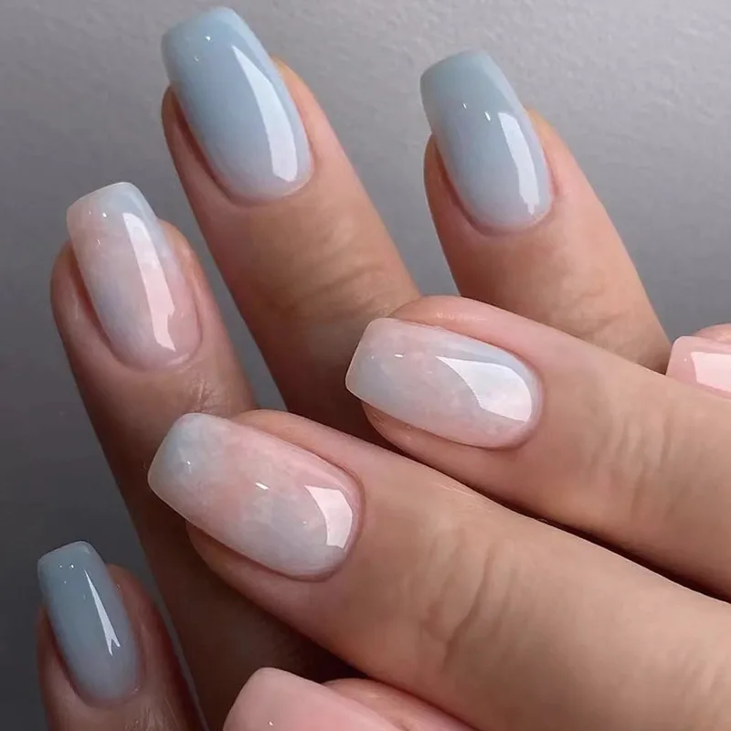 24Pcs Short Ballet Press‑On Nails Pink‑Blue Marble Gradient Fake Nails Jelly Ice‑Clear Fresh Reusable Nail Tips Daily Manicure