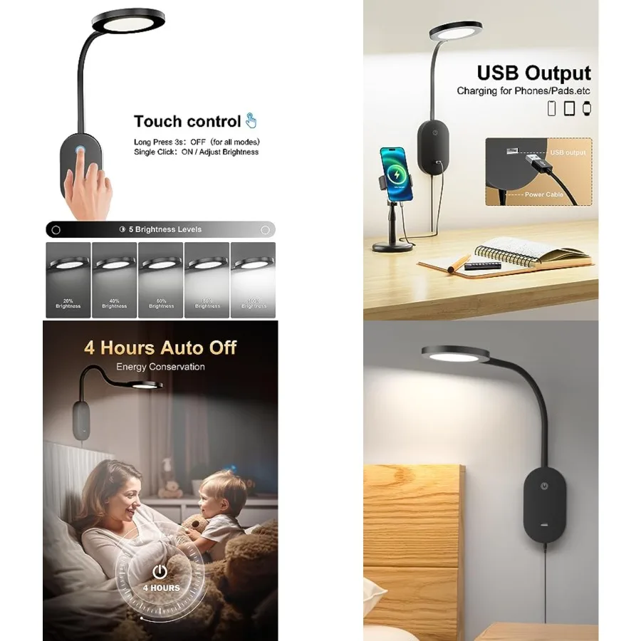 

LED Wall Mounted Reading Light for Bed, Book Light for Wall Bedside Lamp with USB Output, 4 Hour Auto-Off Timer Lights Eye-Cari