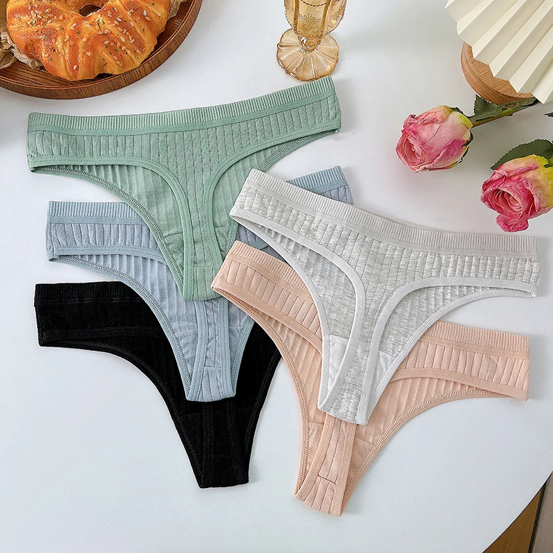 3Pcs Cotton Bow Tie Ribbed Underwear for Women Sexy Striped Panties Low Waist Soild Thongs Female Stretchy T-back Lingerie M-3XL