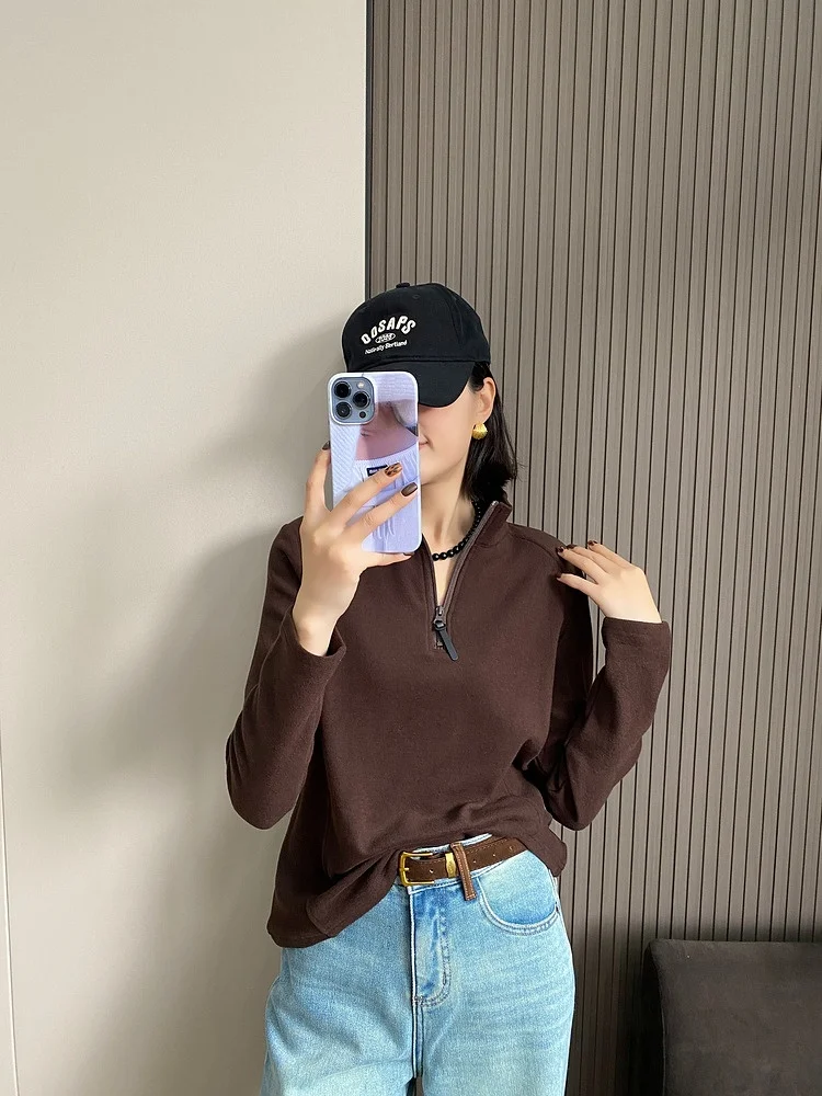 

Женская длинная футболка Sve с высоким воротником и молнией, зимняя мода, корейская футболка прямого кроя, основа irt Premium Quali