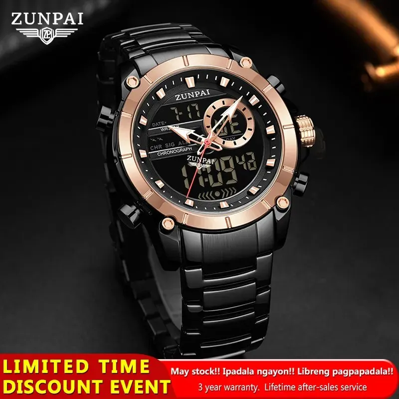 ZUNPAI Original Men\'s Watch Top Brand Luxury Leather Sports Watch Gold Black Men Quartz LED Digital Clock Waterproof Military