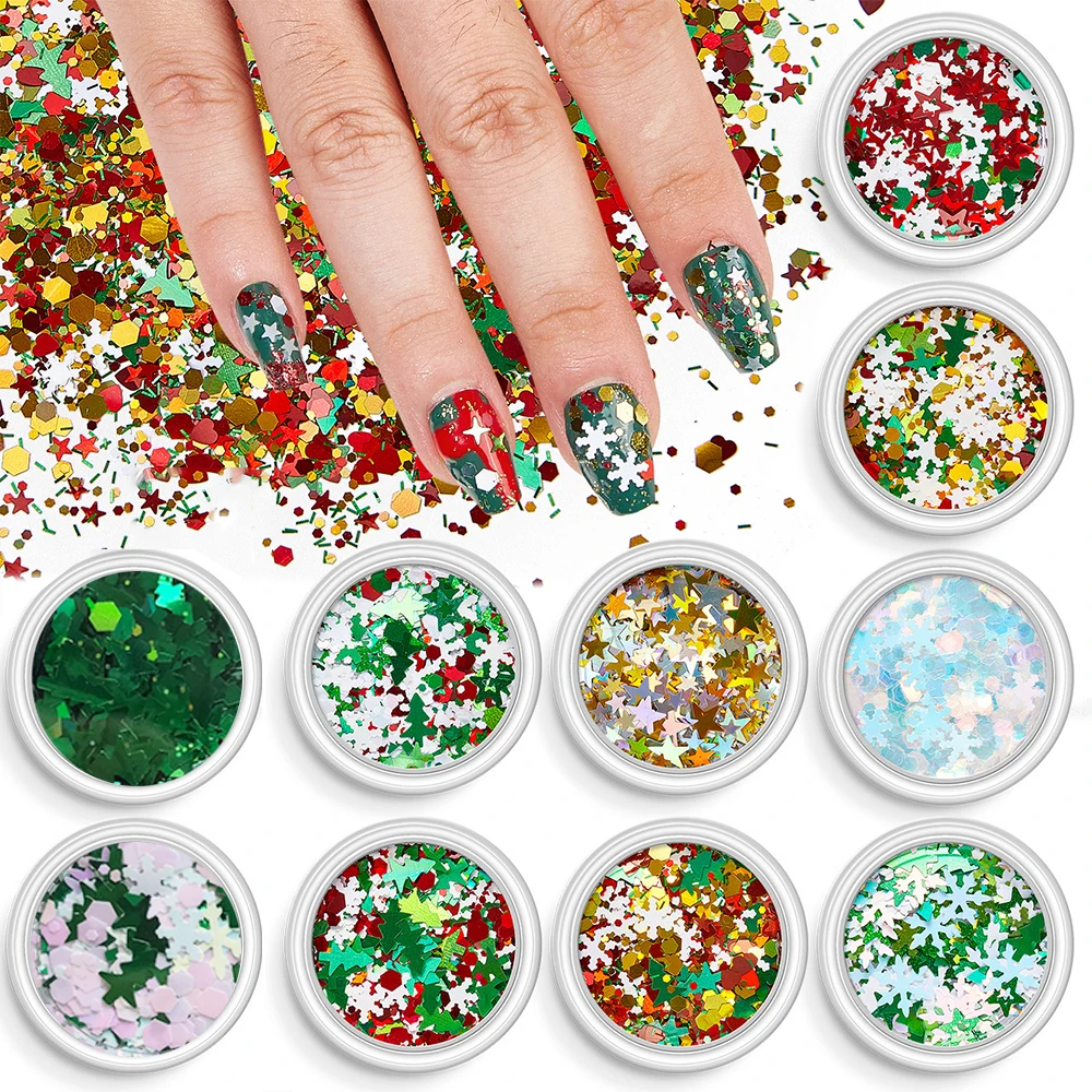 PrettyG 12 ألوان مجموعة عيد الميلاد مكتنزة يمزج بريق السائبة مسمار عيد الميلاد ندفة الثلج بريق الترتر DIY بها بنفسك هلام مسمار الفن الديكور