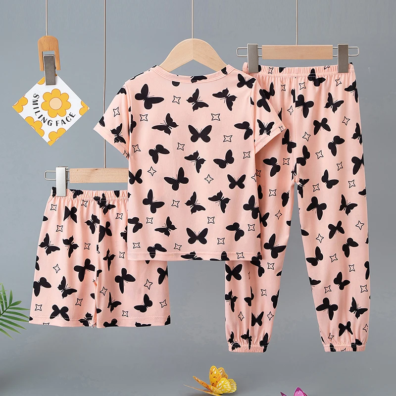 3-teiliges Set aus Sommer-Kurzarmshirts, Shorts und Hosen für Jungen und Mädchen, bunter, lässiger, bedruckter, süßer Anzug – Detail 6