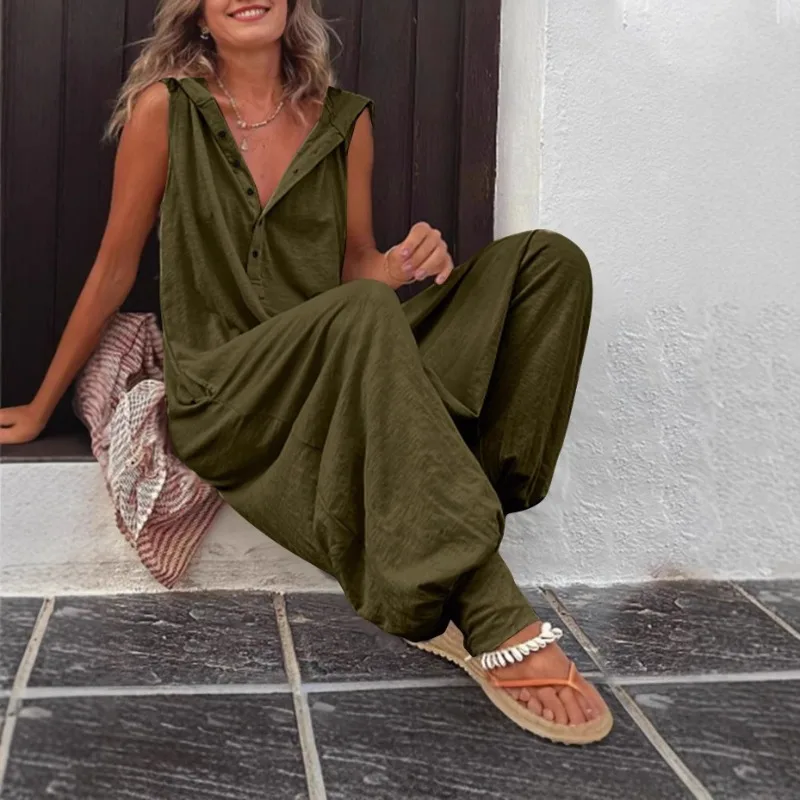 Hot Sale Women Solid Hooded Jumpsuit Button Sleeveless Loose Baggy Long Pants Romper view 5