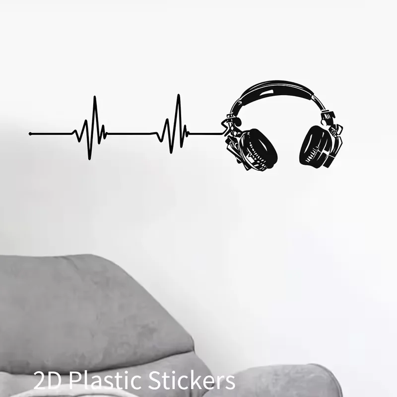 2026 New Arrival 2D Music Theme Headphone with Heartbeat Line Wall Stickers - Self-Adhesive Decor Decals, Removable Reusable Wat