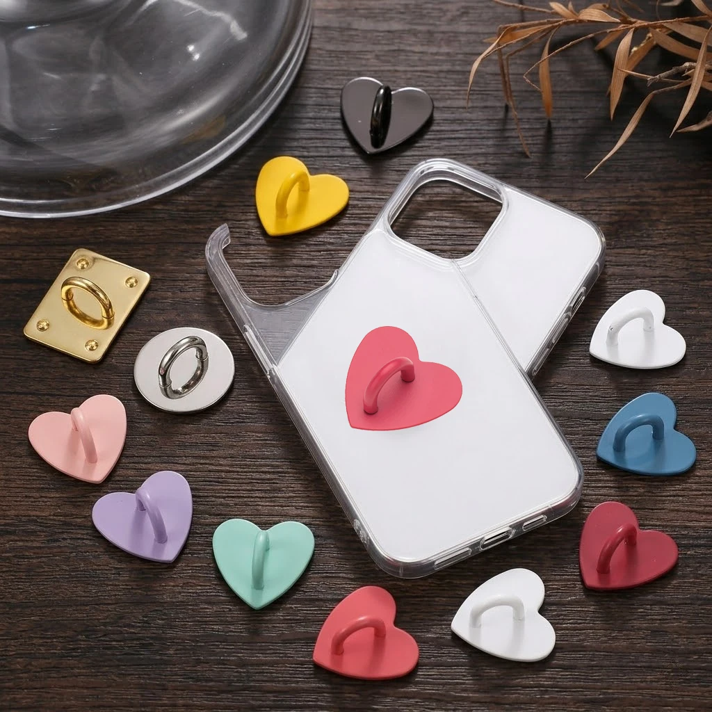 5 Stück/Set Kawaii Selbstklebende Metall-Herz-Handyanhänger, Handyhülle-Ringständer, Hakenverschluss, Charms, Schnur-Zubehör – Detail 1