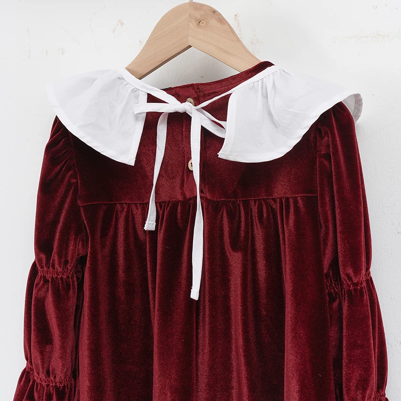 فستان ريترو كريسماس أحمر خريفي مخملي للفتيات بلون سادة مع وشاح أبيض مكشكش وأكمام طويلة فساتين حفلات فضفاضة #4