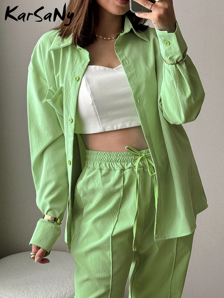 Long Solid Color Sleeved Shirt 2024 New Spring Women\'s Fashion Suit New Two Piece Set Pants Sets Loose Women\'s Suit Pants Sets