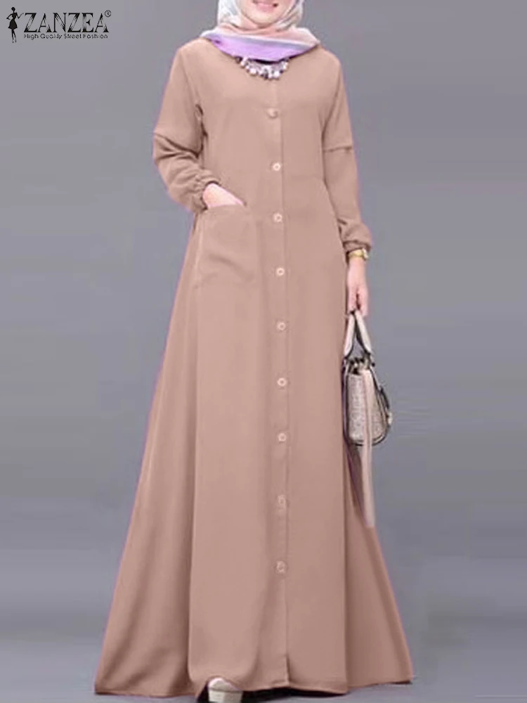 ZANZEA-vestido muçulmano elegante para mulheres, peru abaya, robe de Dubai, manga longa, botões maxi, kaftan, roupas islâmicas, primavera