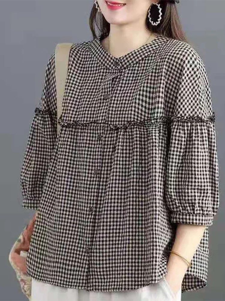 

Японская тонкая льняная хлопковая клетчатая кукла irt, женский топ середины све, удобный дышащий повседневный деловой круглый топ Ne Bu...