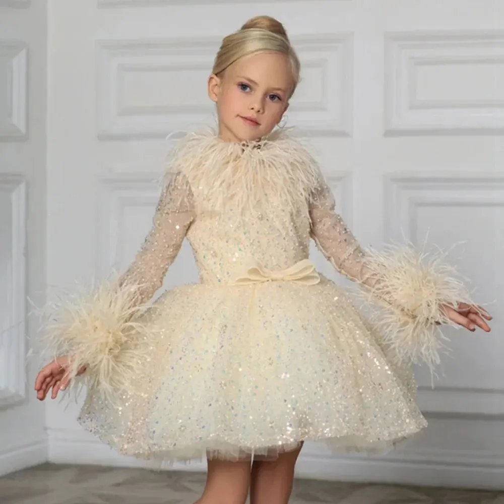 Jill Wish Luxury Gold Girl Dress Feathers Sequined Dubai Kids Wedding Birthday Communion Party Gowns vestido de 2025 J320