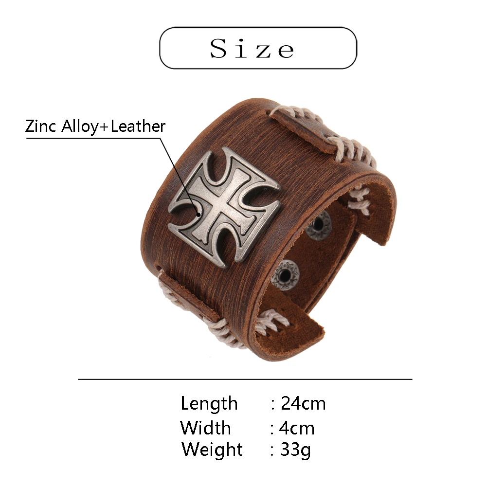 2024 Charm Jewelry Handmade Weave Genuine Leather Bracelet Men Vintage Cuff Wide Leather Cross Bracelet Pulsera Hombre