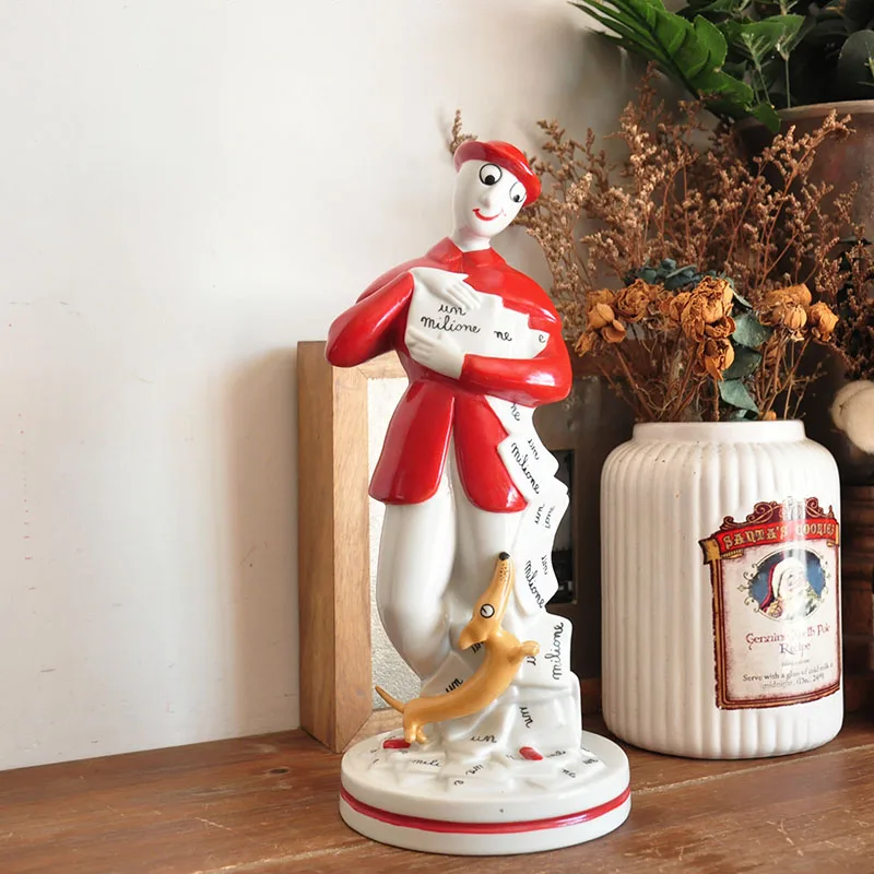 Vintage ceramic clown handicraft ornaments classic circus clown and dog desktop decoration