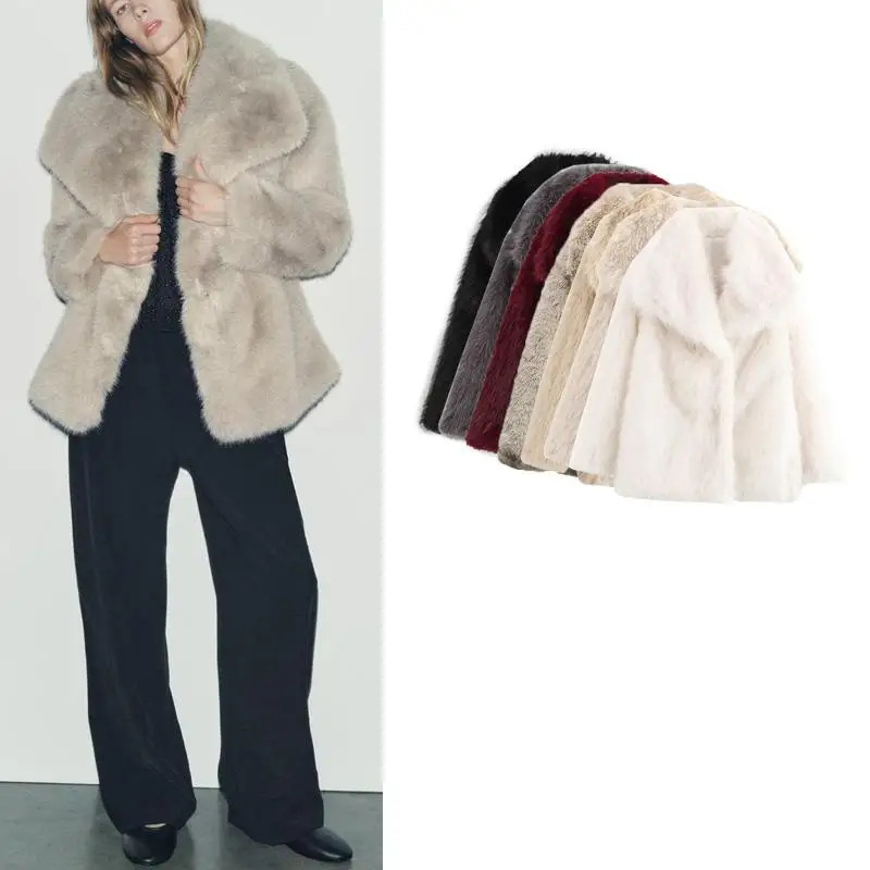 

Winter New Women's Stand Collar Long Sve Artificial Fur Effect ort Coat Jaet Thiened Street Sle Zipper Closure