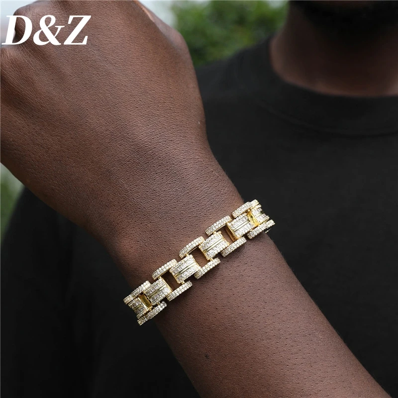 D&Z Hip Pop 13MM Width Full Diamond Watch Strap Bracelet Men's Gold-Plated Copper High Quality Luxury Rock Charm Jewelry