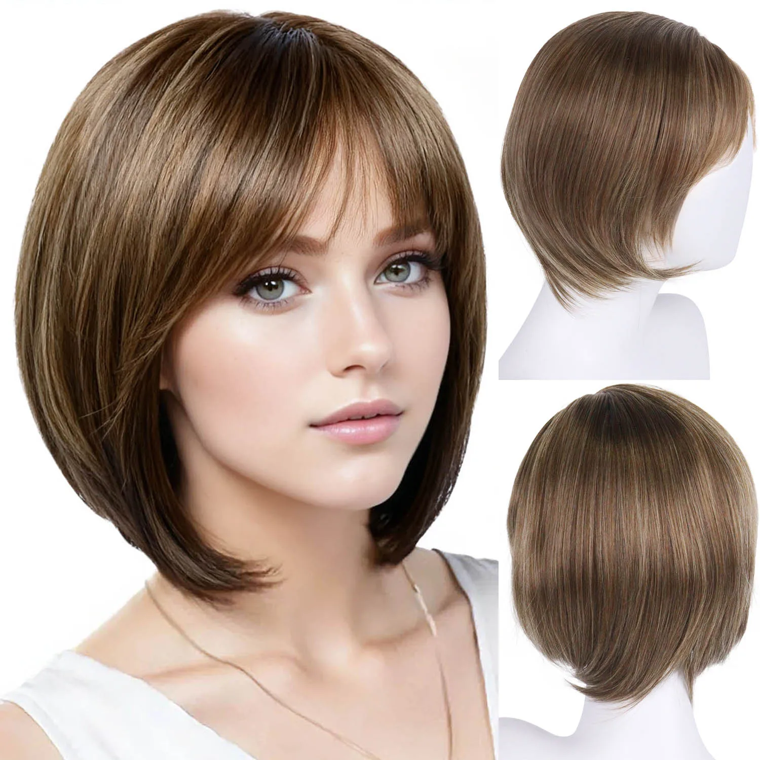 

Synthetic Hair Mix Brown Wig for White Women 12 Inch Short Bob Wig with Bangs Natural Looking Daily Party Costume Old Lady Wigs