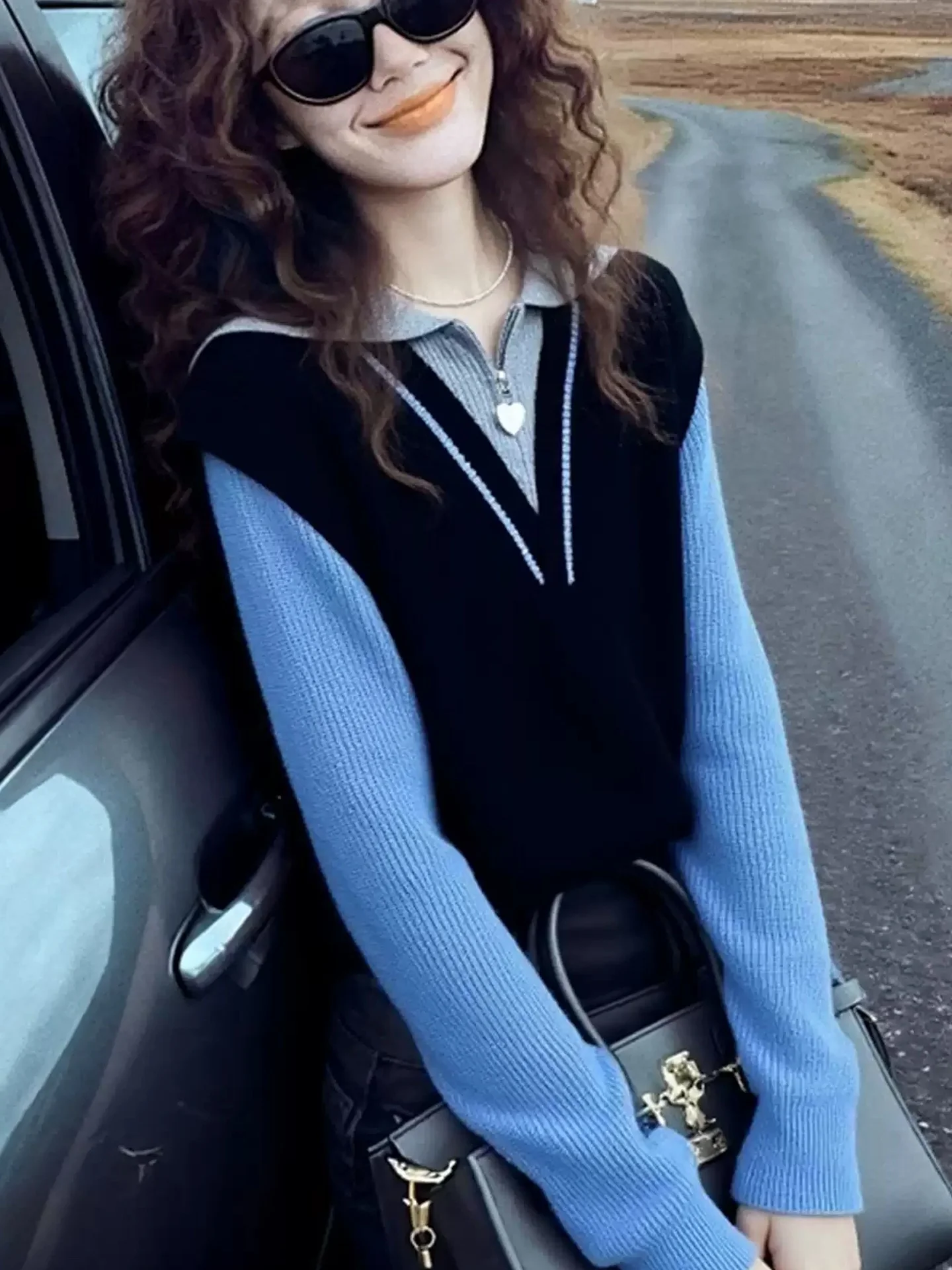 Comodo maglione lavorato a maglia Camere Long Sve Splicing Design Faion Commute Sle da donna Winter Design Sense Fake Two-P...