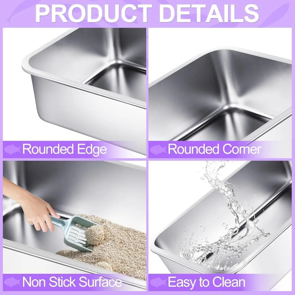 Extra Large 23.6L Stainless Steel Cat Litter Boxes with High Sides - Durable Metal Litter Pans for Easy Clean-up and Comfort