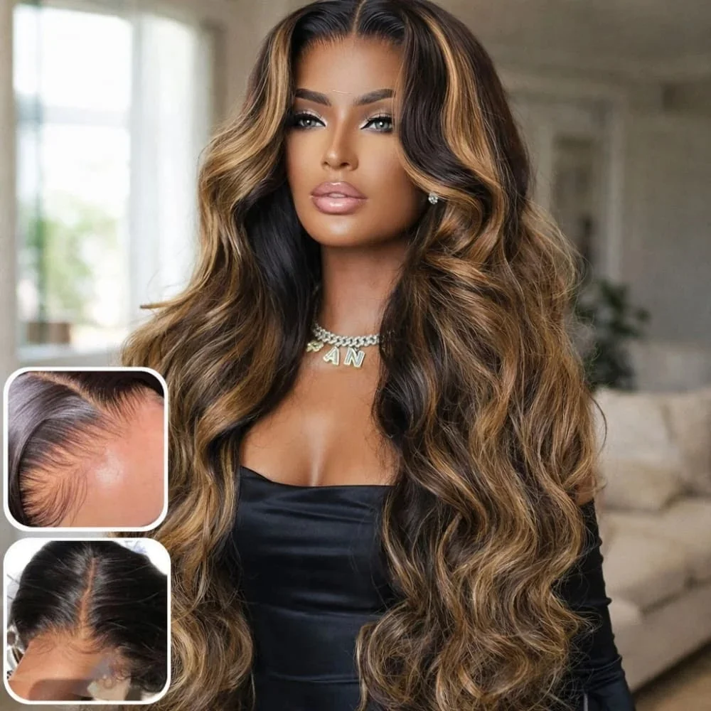 30 Inch Honey Blonde Ombre Lace Front Wig Highlights 13x4 HD Lace Front Wig 4/27 Highlight Ombre Body Wave Lace Frontal Glueles