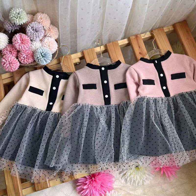 Autumn Girls Long Sleeve Dress Cute Knit Colorblocking Dress Spring New Korean Style Clothing Kids Fashion Dot Mesh Skirt