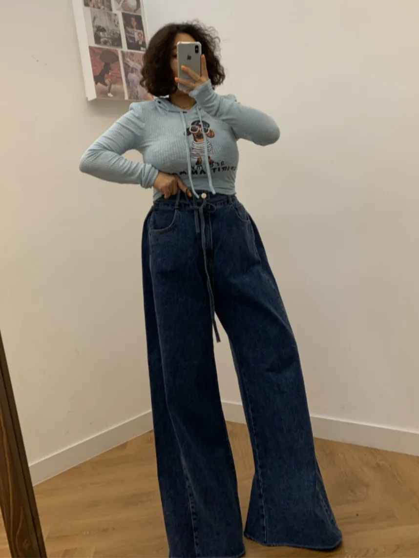 Afslankende denim jeans met hoge taille en wijde pijpen Dames Faion Lente Herfst Gevouwen Chique Self-Kee Lange broek Street Sle