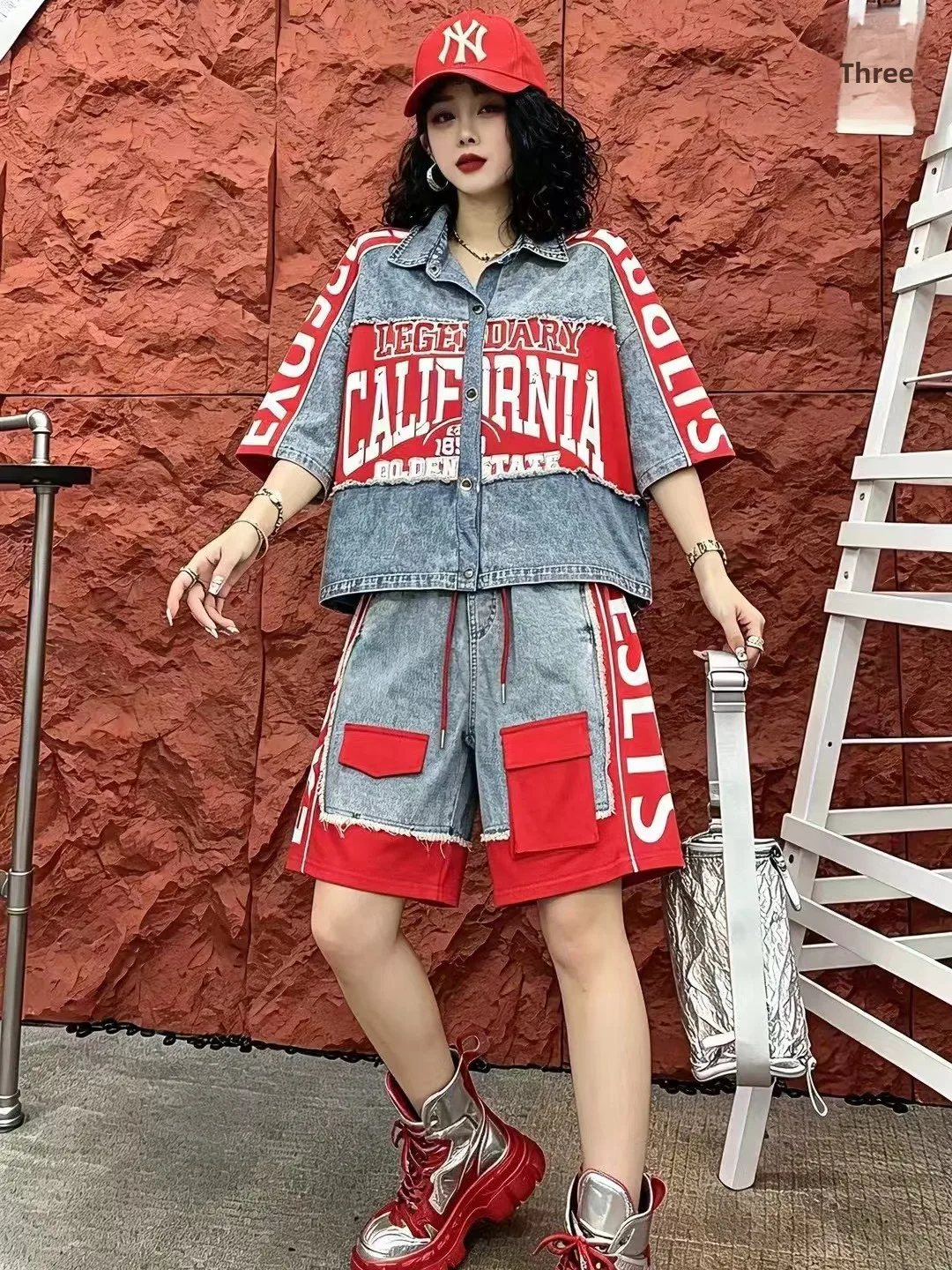 Trendy Denim Patchwork Loose Short Sleeve Women's Set Summer 2026 Contrast Color Letter Print Shorts Casual Style Cotton
