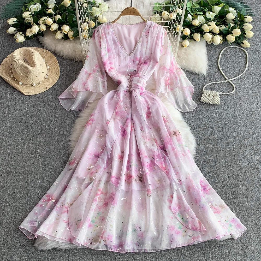 

2025 Holiday Heavy Beaded V-neck Trumpet Sleeve Dress For Women Bohemian Floral Print Dresses Ruffle Casual Beach Long Dress