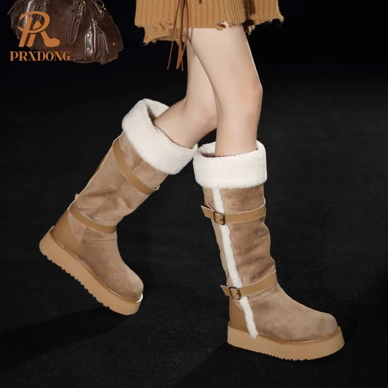 XWhatsApp-Bottes de neige hautes en cuir pour femmes, Chaussures de qualité, Bottes de rinçage, Talons temporels, Plateforme, Abricot, Décontracté, Dames, Taille 34-39, Magasin G, Nouvelle marque