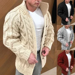 Winter Jacket Loose Mens Jacquard Knitted Cardigan Long Sleeve Warm Sweater Solid Color Casual Mens Coats