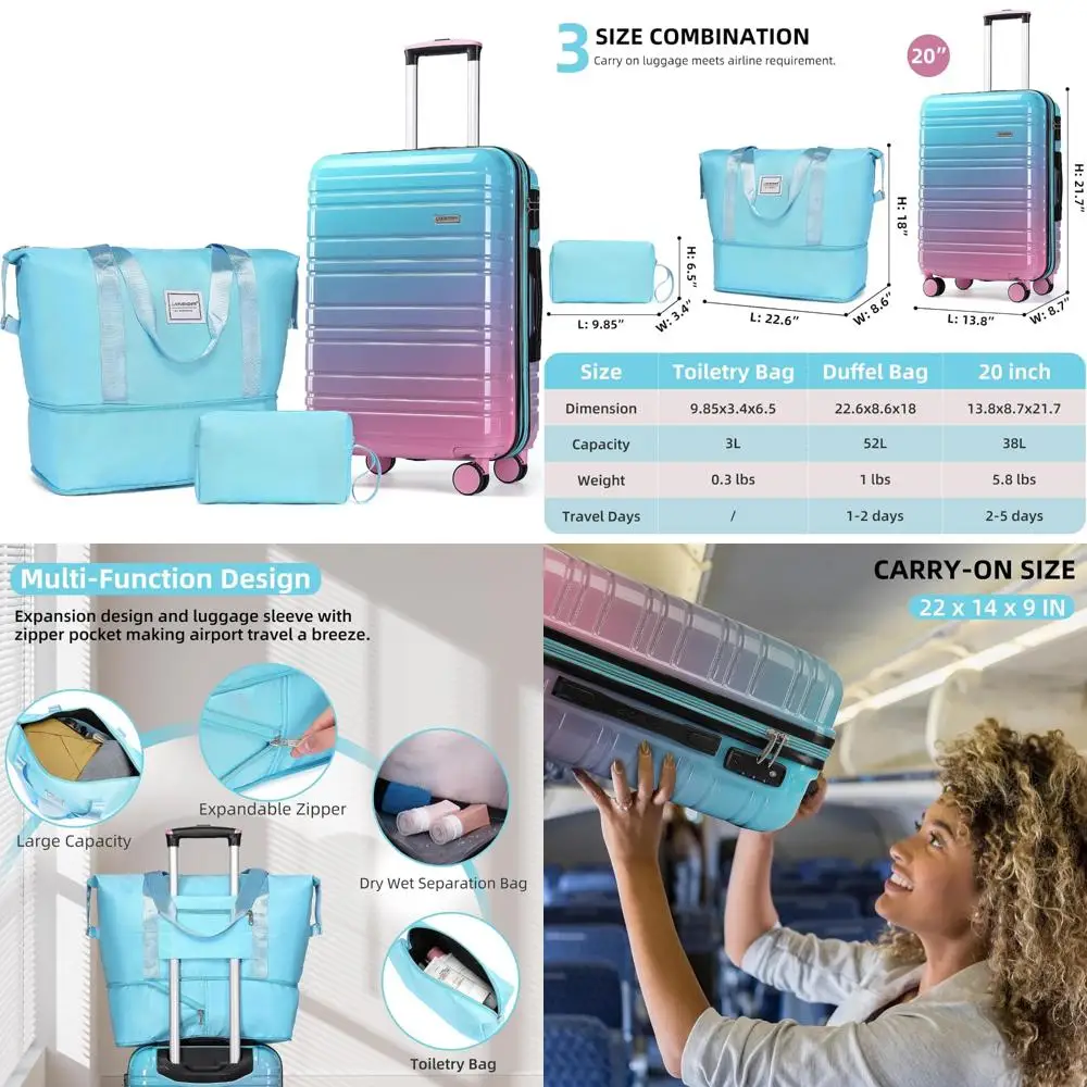 

Набор чемоданов из 3 предметов — 20-дюймовый чемодан-спиннер с твердой поверхностью и ПК + АБС-пластиком, одобренный авиакомпанией, предметы первой необходимости для путешествий