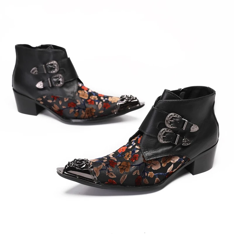 

Black Patchwork Print High Heel Ankle Boots for Men Genuine Leather Metal Pointed Toe British Style Dress Shoes