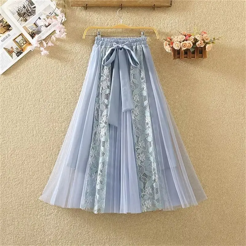 

2024 Summer Women New High Waist A-line Skirts Female Gauze Loose Big Swing Skirts Ladies Long Lace Stitching Skirts B244