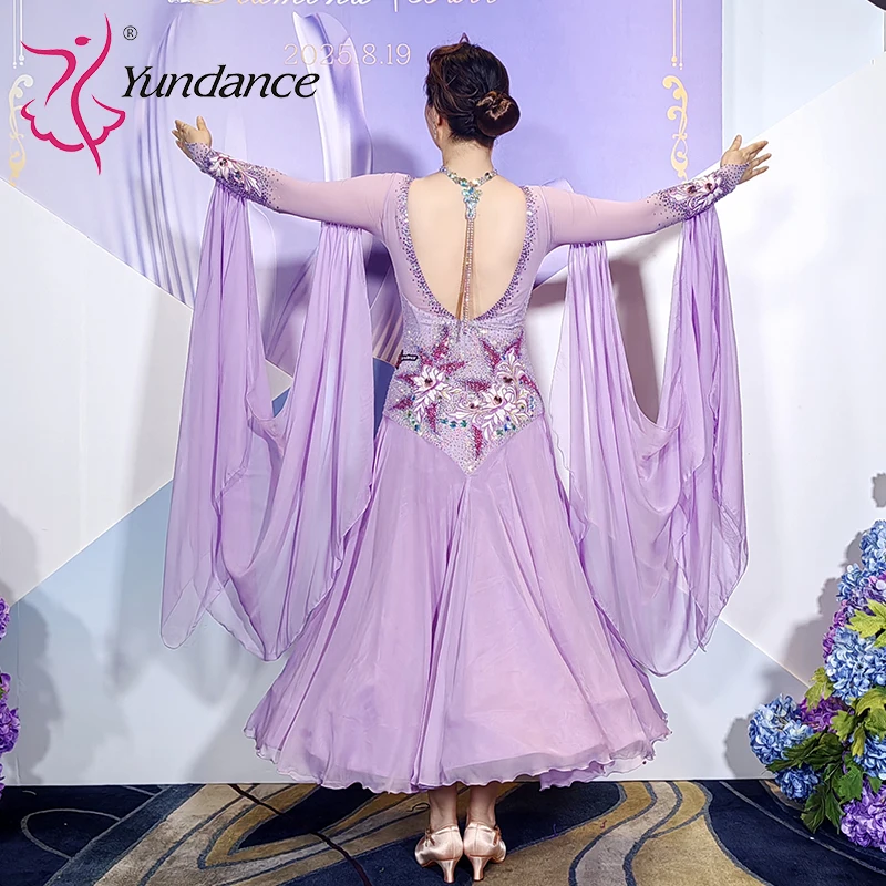 B-25122 International Standard Ballroom Dance Costume Women Stage Performance Wear Purple Spandex Chiffon Dress Rhinestones