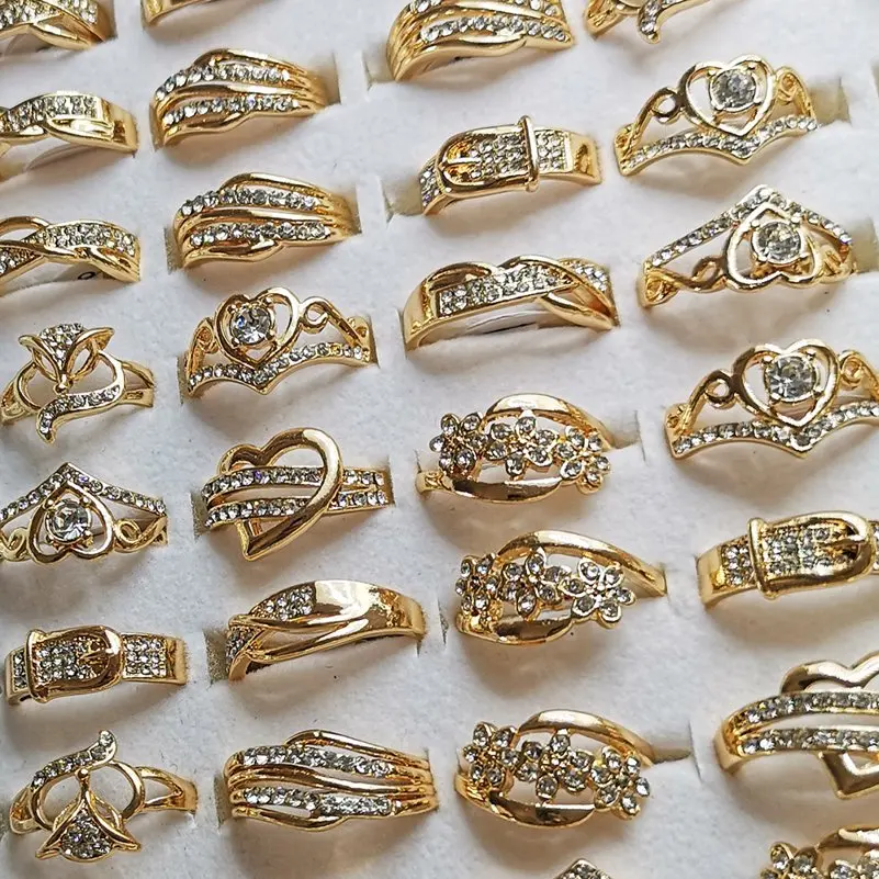 10pcs  Rings Bulk Fashion Sparkling Rhinestone Crystal Rings For Women Mix Style Gold Plated Wedding Engagement Jewelry