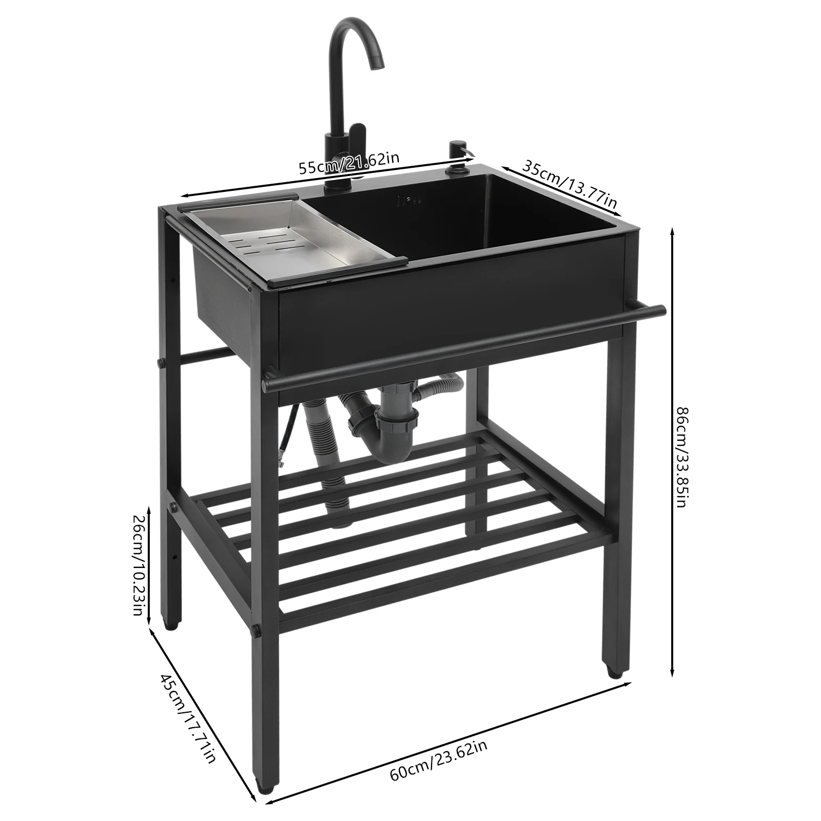 Modern Freestanding Rectangular 201 Stainless Steel Kitchen Sink Set Black 60x45x86cm with Accessories