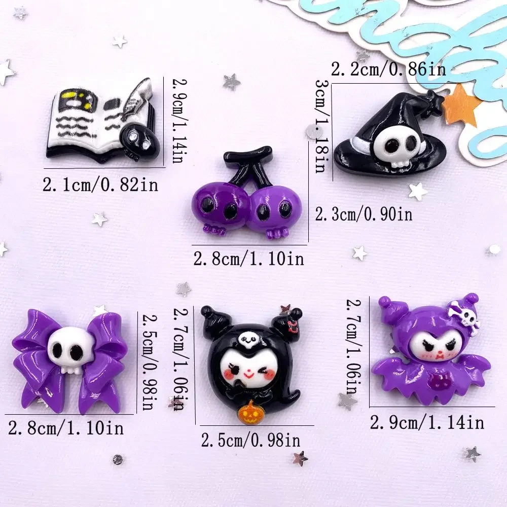 6Pcs Resin Colorful Purple Black 3D Skull Head Ghost Hat Book Figurines Flat back Stone Decor DIY Bow Halloween Scrapbook Crafts