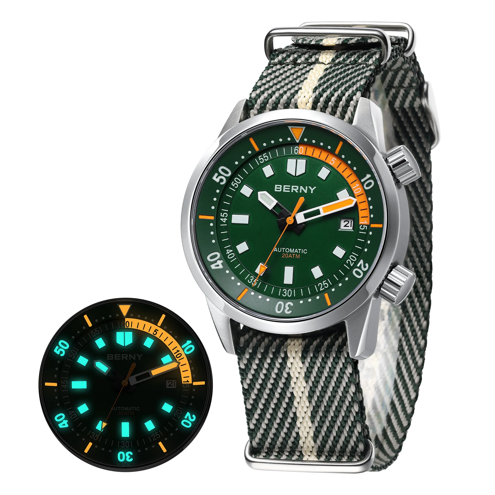 BERNY Dive Watches for Men 42mm Sapphire Super Luminous Automatic Mechanical Diver Watch Nylon Band 200M Waterproof Swim Diving