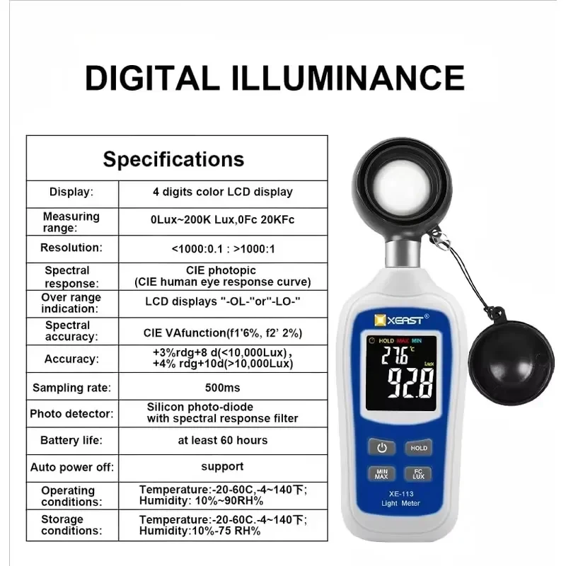 XEAST XE-113 Digital Light Lux Meter 0-200K Lux CIE Response Hot Sale Mini LED Display Luminous Intensity Tester 1 Year Warranty