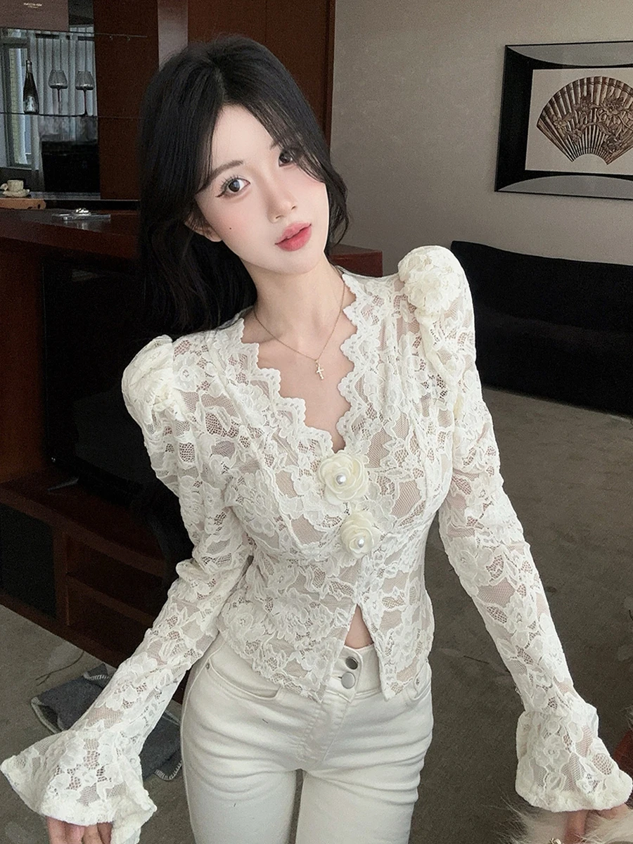 

Ретро Feel Floed Flower V-Ne Мягкий кружевной топ Bubble Sve Age-Defng Универсальный базовый слой irt French Sle Slim Fit L...