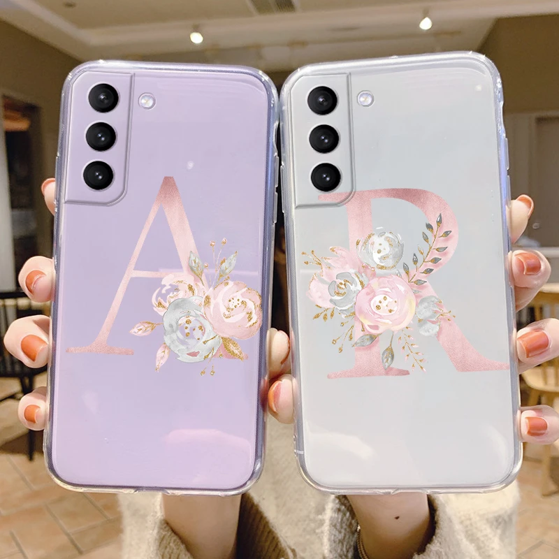 Etui na telefon Samsung Galaxy S23 S24 S25 Plus Ultra z przezroczystego, miękkiego silikonu z motywem kwiatowym, z inicjałem, futerał na Samsung S23+
