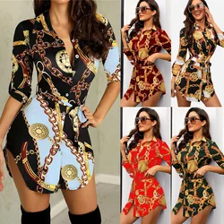 2023 newest arrival fashionable Women Sexy Slim Dress Fashion Chain Strap Print Half Sleeve Lapel Button Shirt Dress