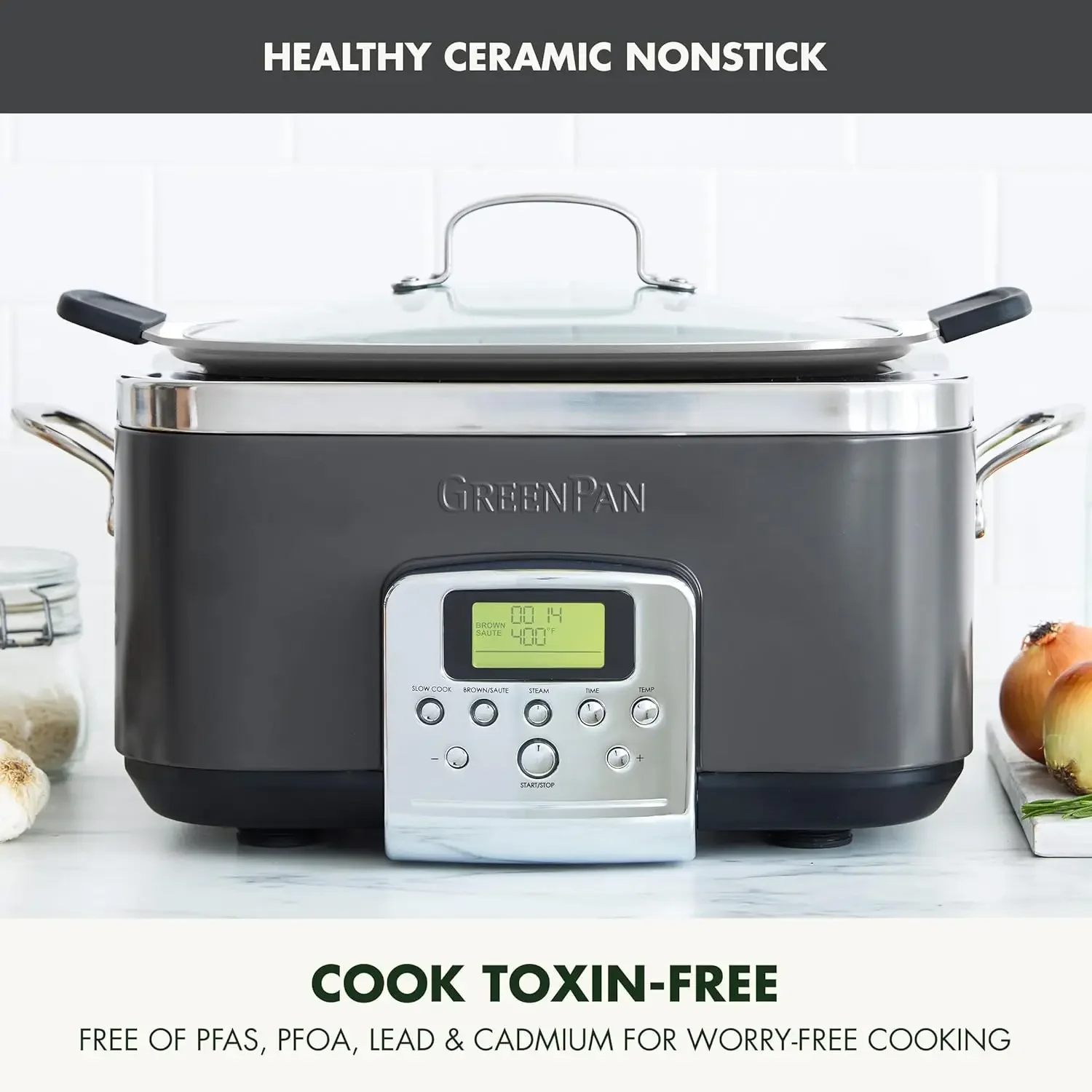 Elite 8-in-1 Programmable 6QT Electric Slow Cooker, Dishwasher Safe Lid & Removable Crock, PFAS-Free Healthy Ceramic Nonstick Mu