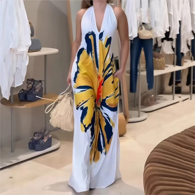 

Sexy Halter Lace-Up Backless Party Dress Women Summer Sleeveless Elegant Maxi Dress Female 2025 Floral Print Loose Long Vestidos